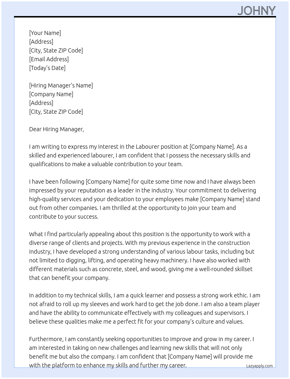 Labourer At **** Cover Letter