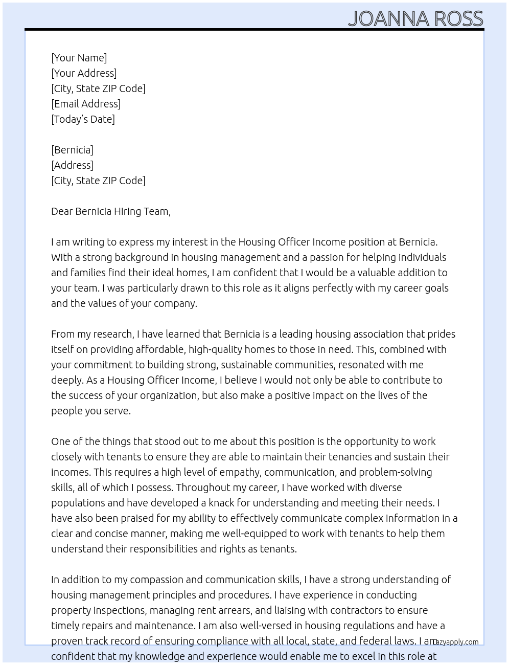 Housing officer income At Bernicia Cover Letter