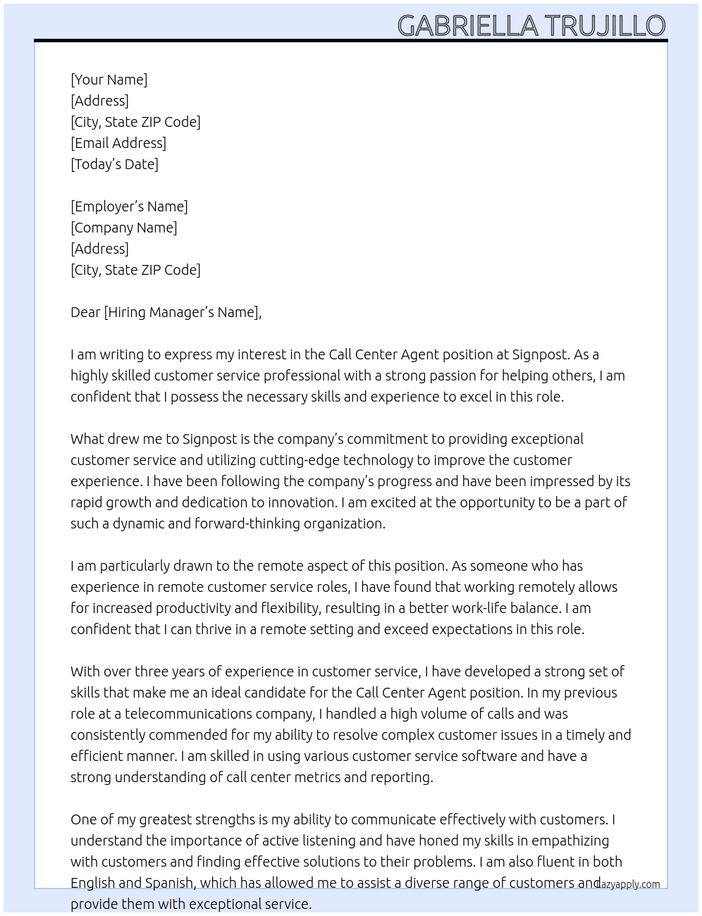 Call center agent At Signpost Cover Letter