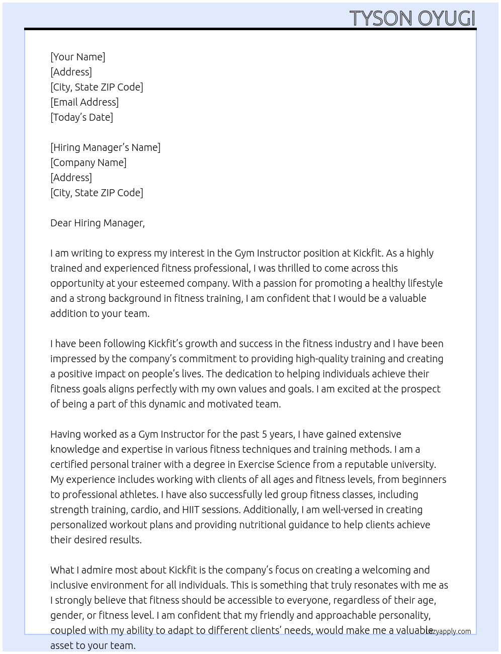 Gym instructor At Kickfit Cover Letter