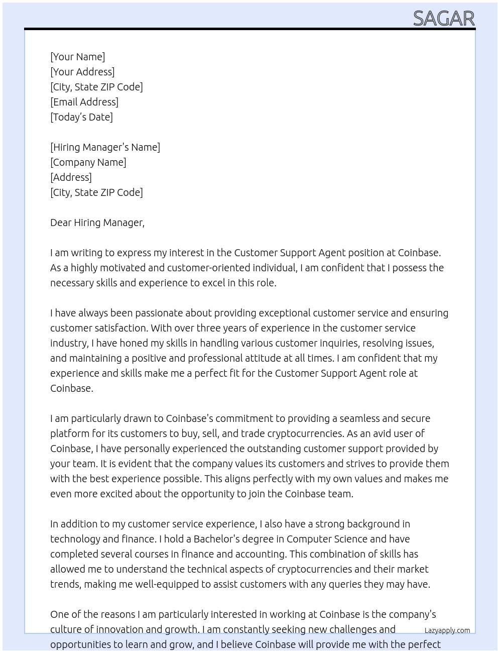 Customer Support Agent At Coinbase Cover Letter