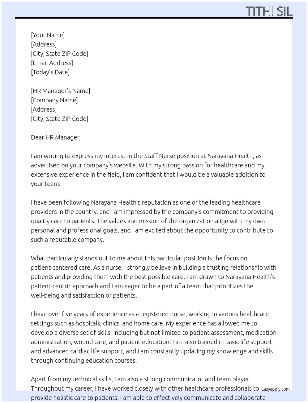 Staff nurse  At Narayana Health Cover Letter