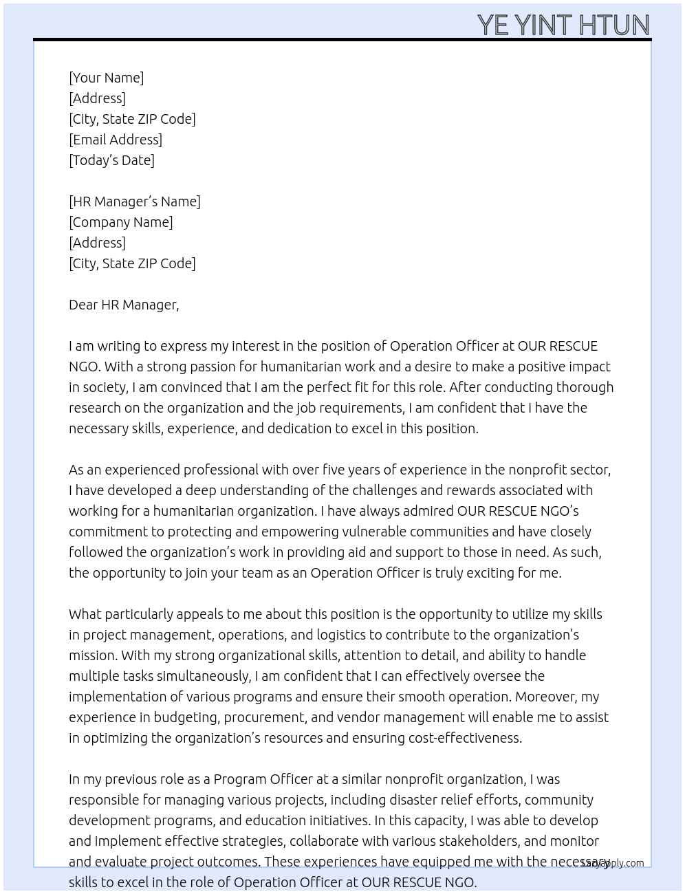 Operation OFFicer At OUR RESCUE NGO Cover Letter