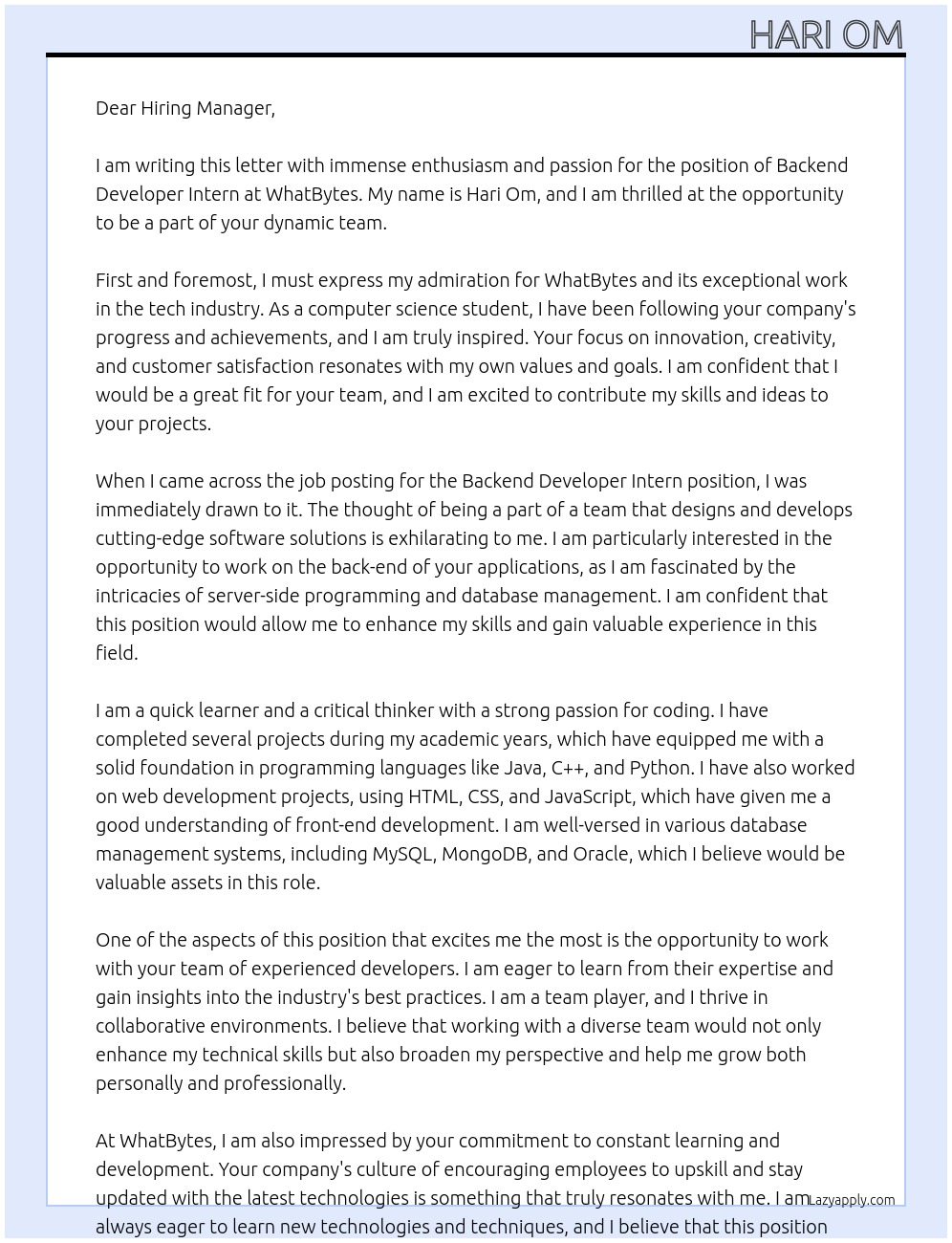 Backend Developer Intern At WhatBytes Cover Letter