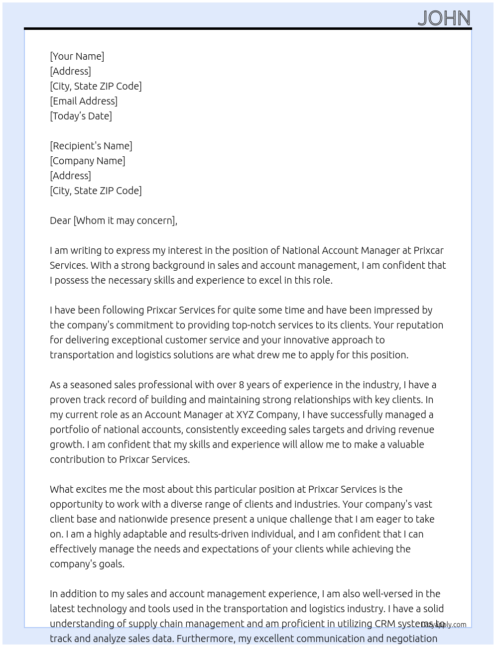 National Account Manager At Prixcar Services Cover Letter