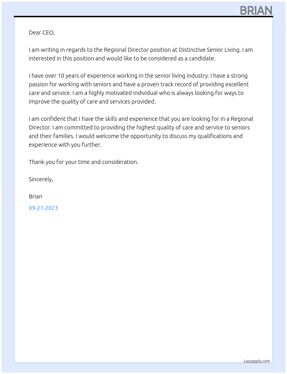 Regional director At Distinctive Senior Living Cover Letter