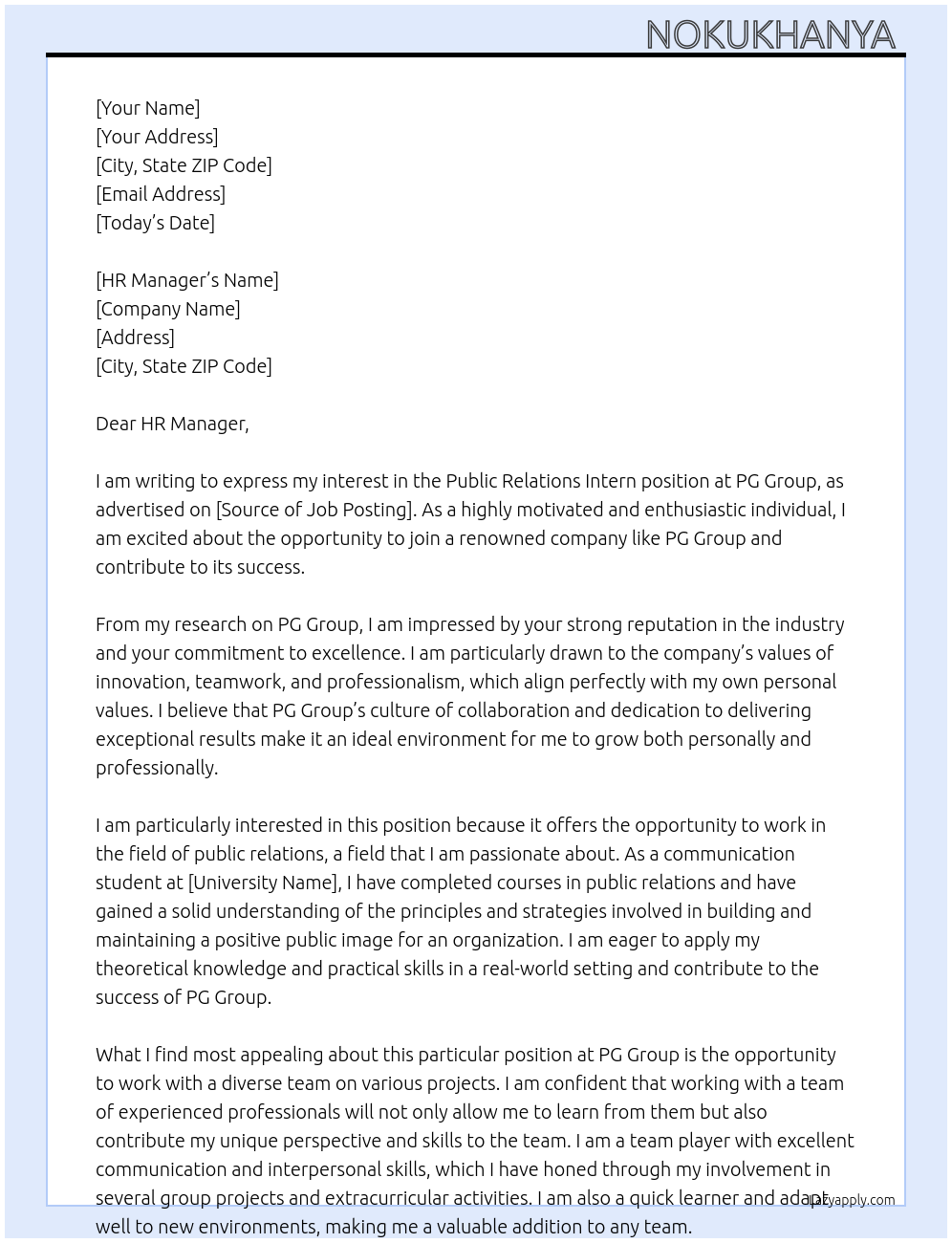Public Relations Intern At PG Group Cover Letter