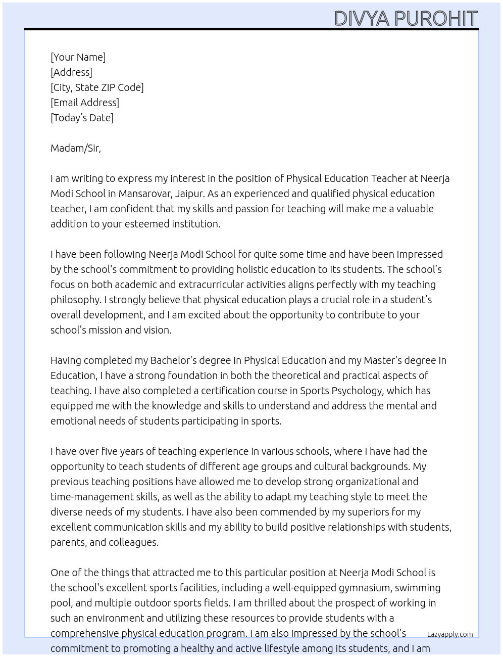 physical education teacher At neerja modi school, mansarovar, jaipur Cover Letter