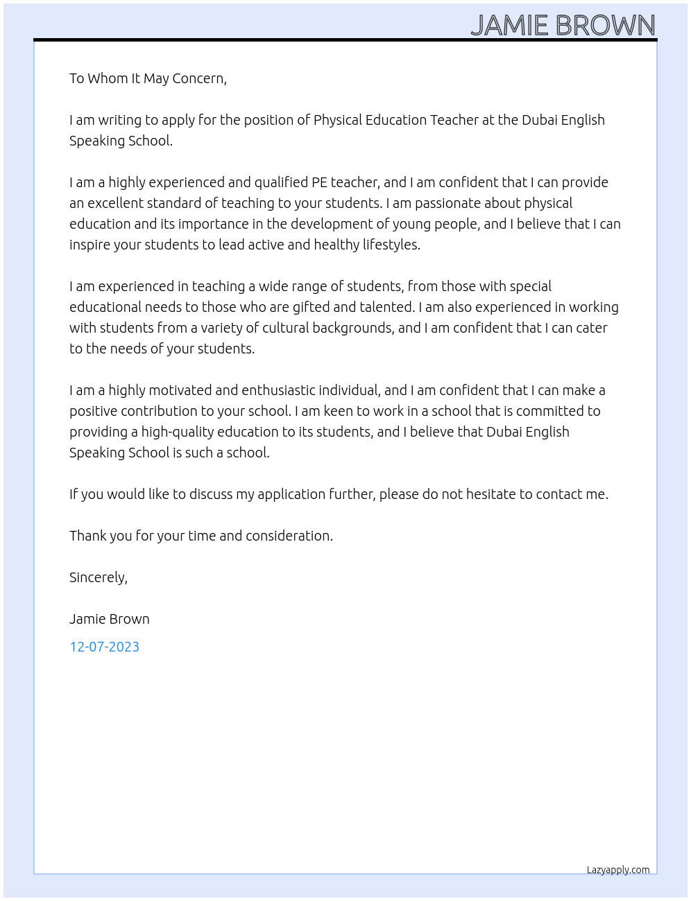 PE Teacher At Dubai English Speaking School Cover Letter