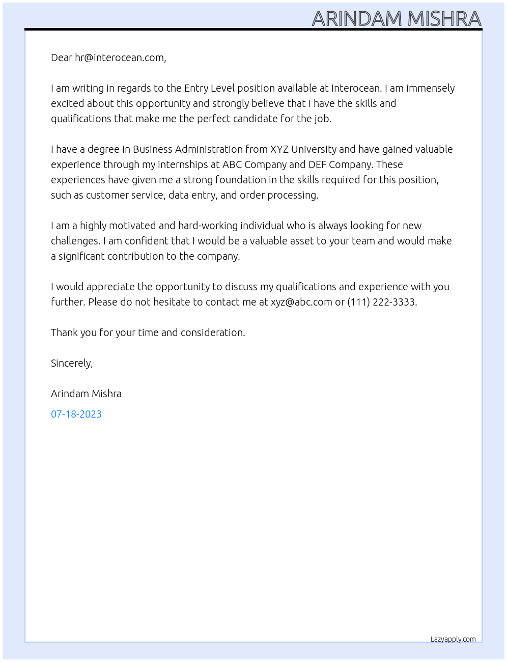 Entry Level At Interocean Cover Letter