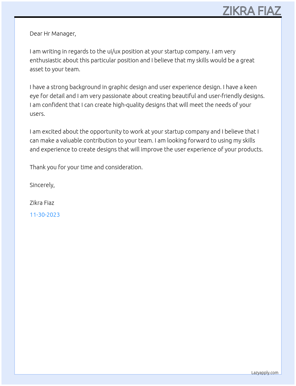 ui/ux At startup Cover Letter
