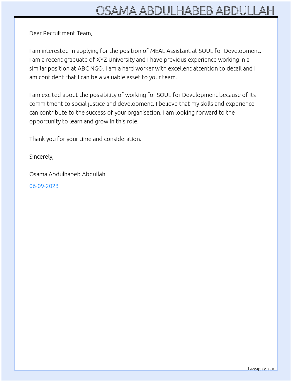 MEAL Assistant At SOUL for Development Cover Letter