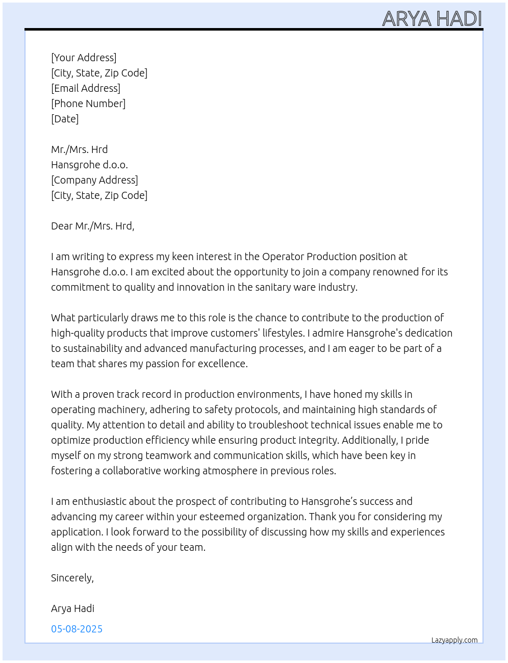 Operator production At Hansgrohe d.o.o. Cover Letter