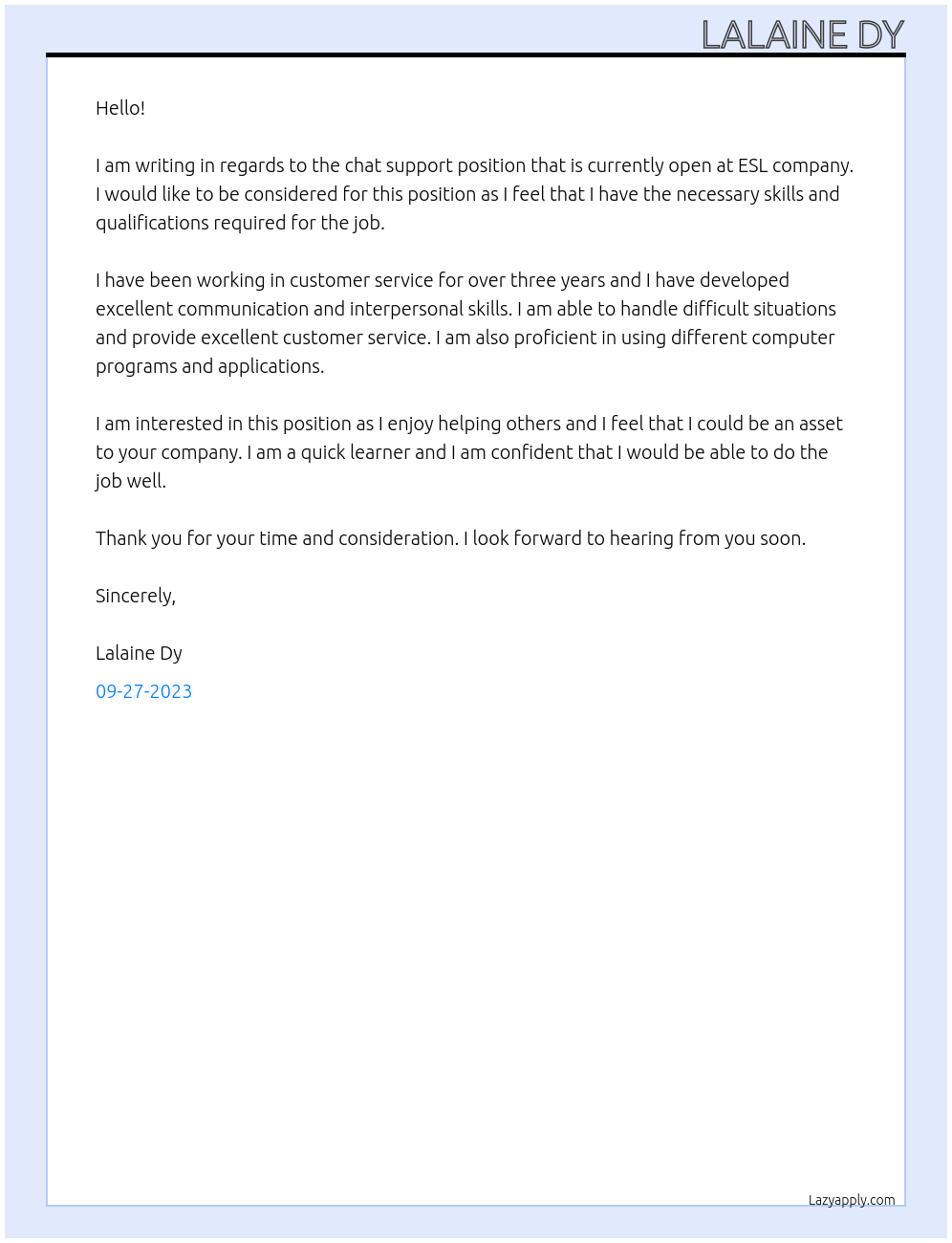 chat support At esl company Cover Letter