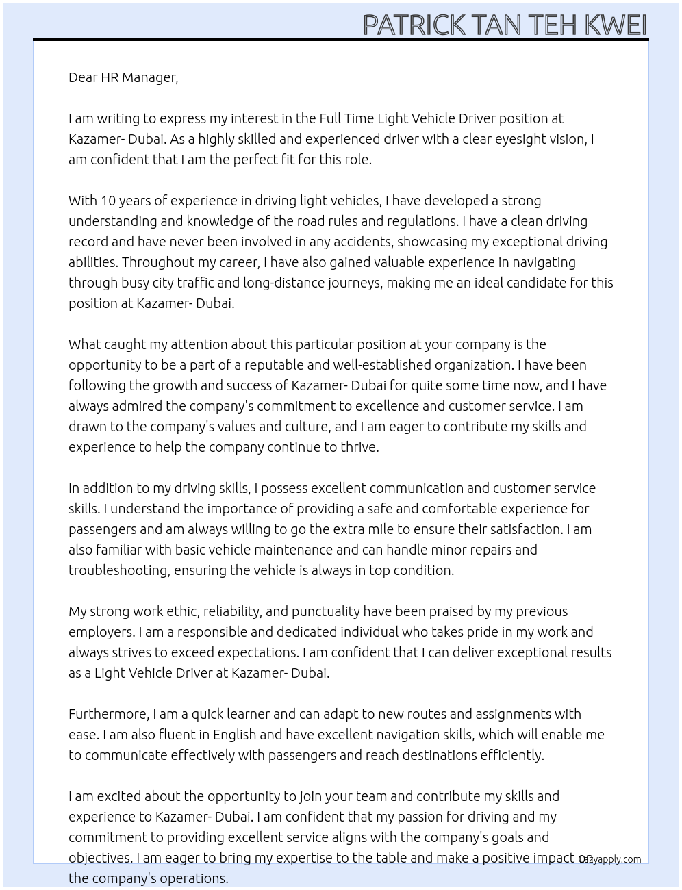 Light Vehicle Driver At Kazamer- Dubai Cover Letter