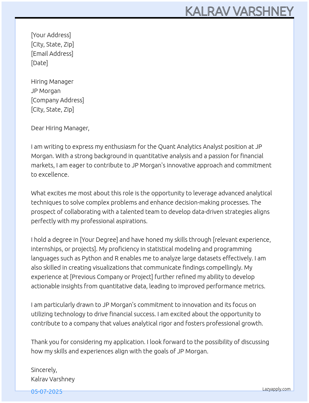 Cover letter for quant analytics analyst - LazyApply