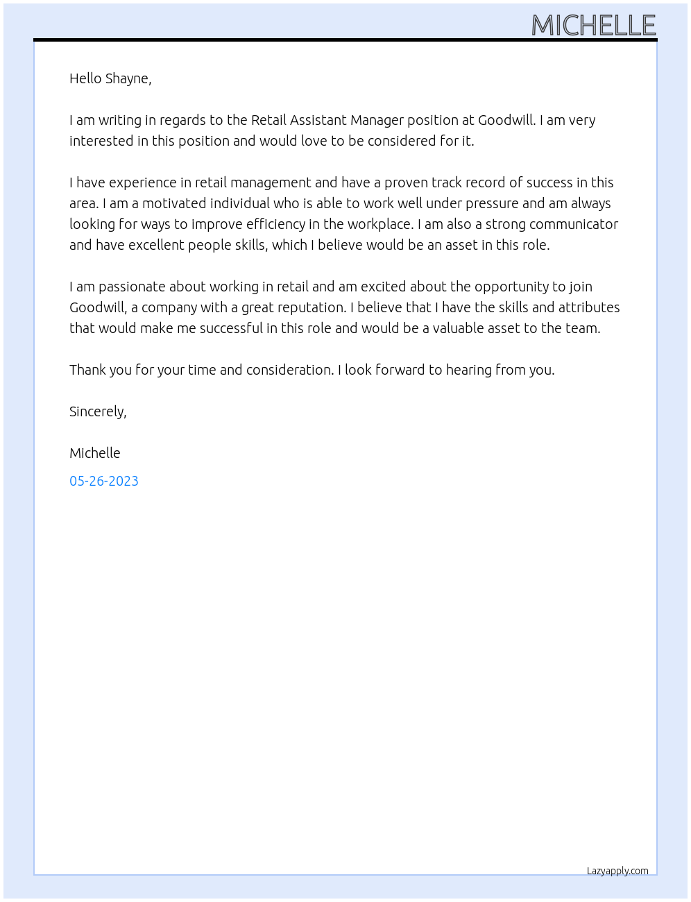 retail assistant manager At Goodwill Cover Letter