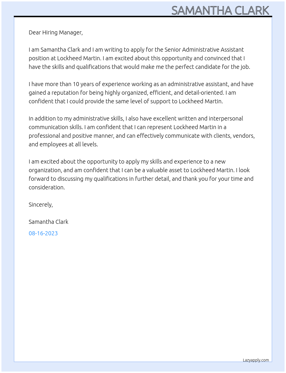 Senior Administrative Assistant At Lockheed Martin Cover Letter
