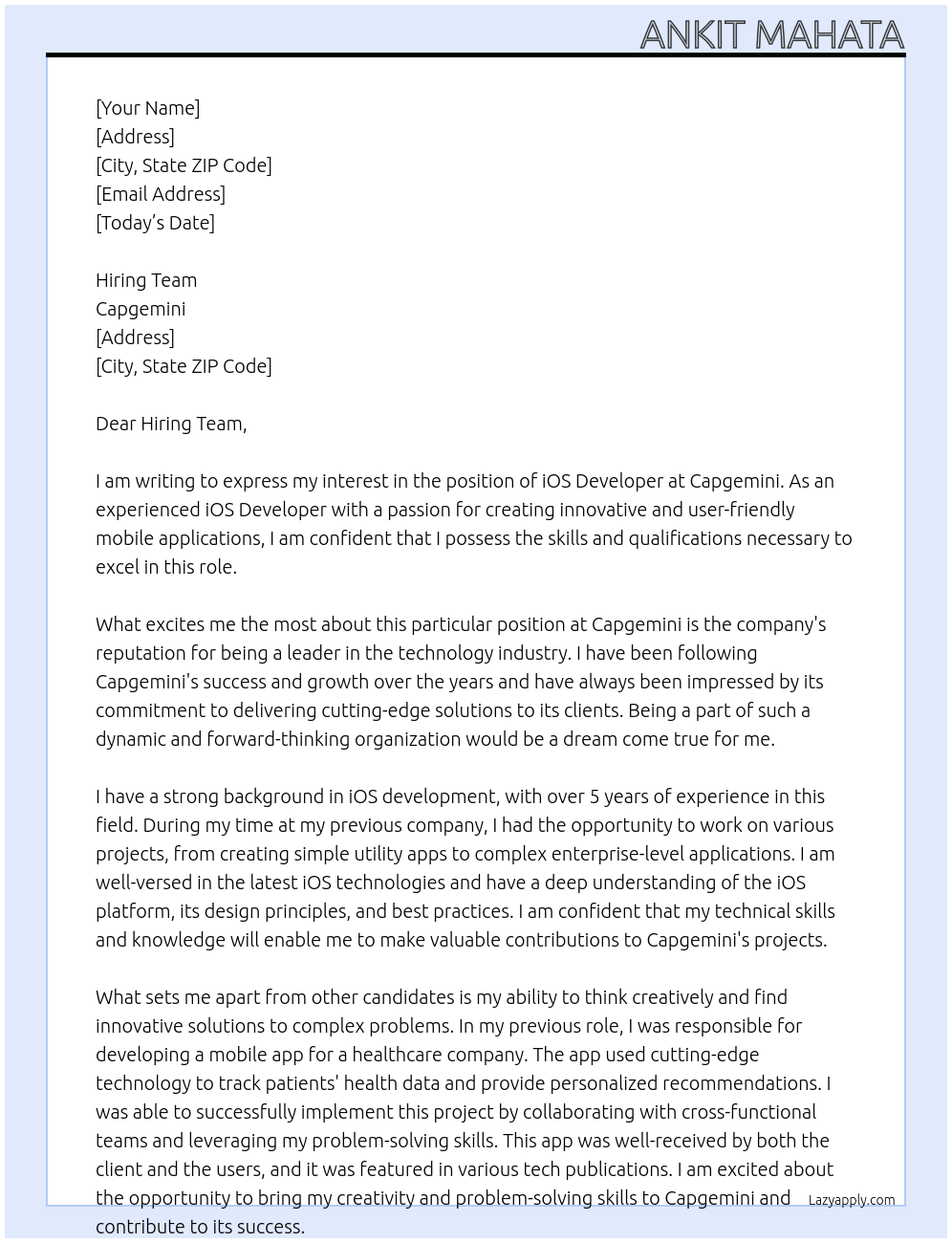 ios developer At Capgemini Cover Letter