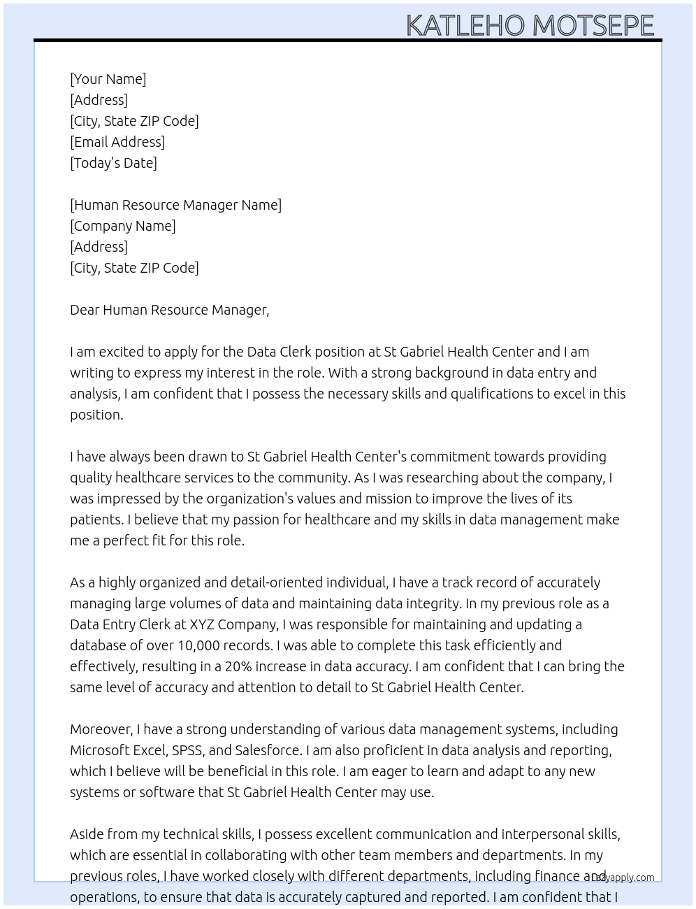 Data clerk At St Gabriel health Center Cover Letter