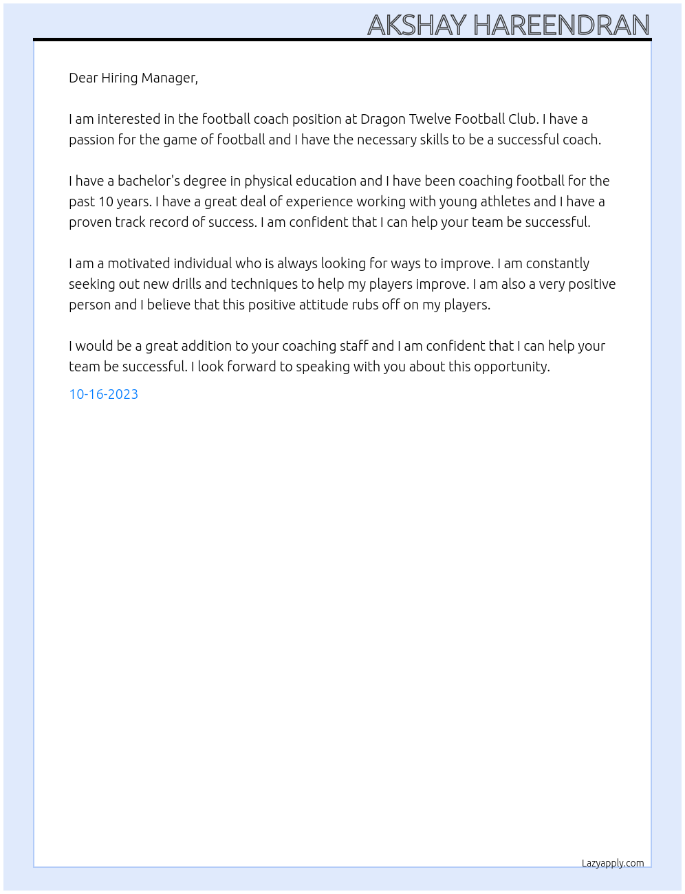 Football coach At Dragon Twelve Football Clun Cover Letter