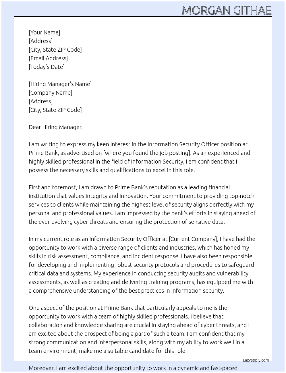 Information Security Officer  At Prime Bank  Cover Letter