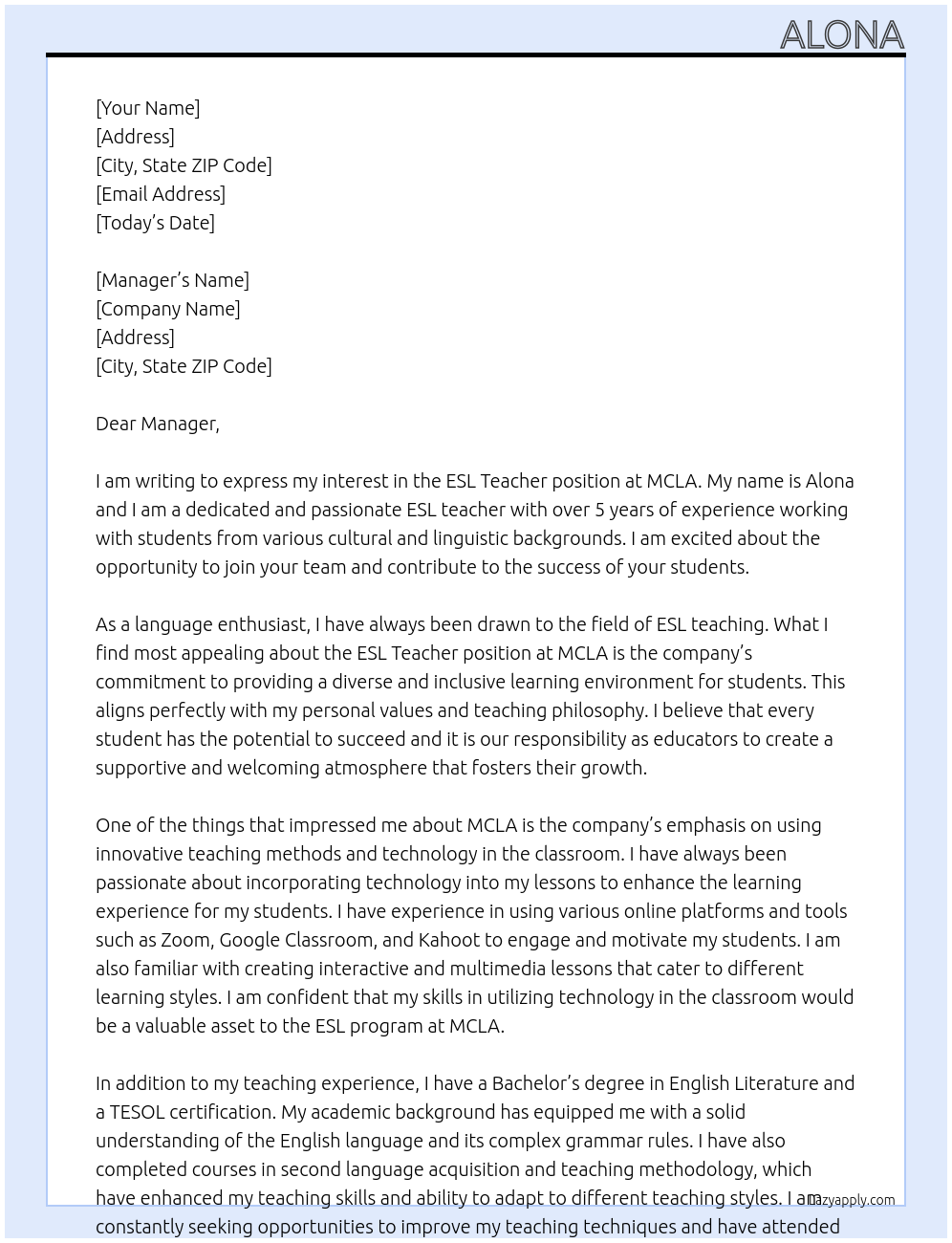 esl teacher At mcla Cover Letter