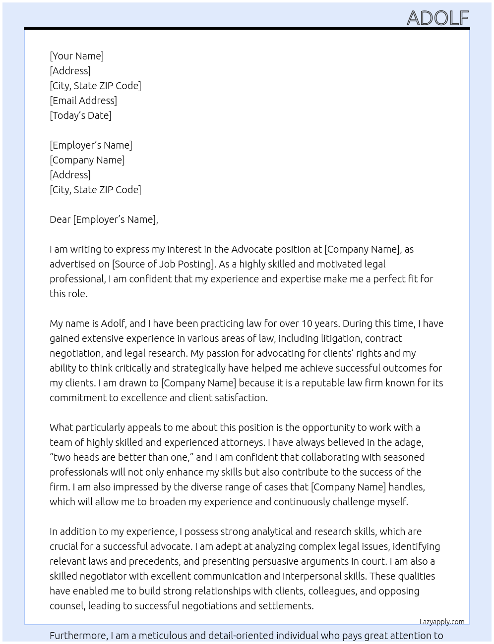 Advocate At Law Cover Letter