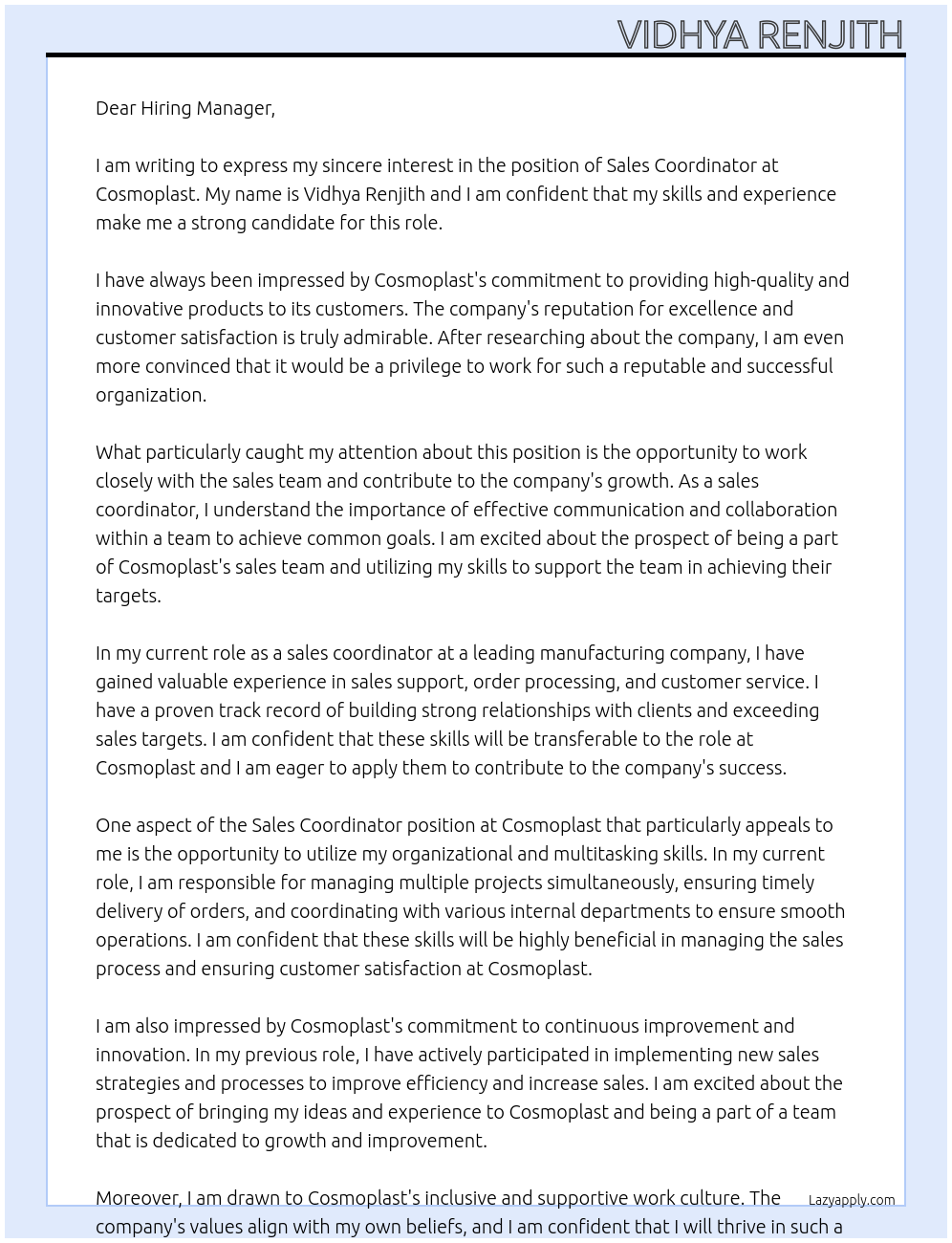 Sales Coordinator At Cosmoplast Cover Letter