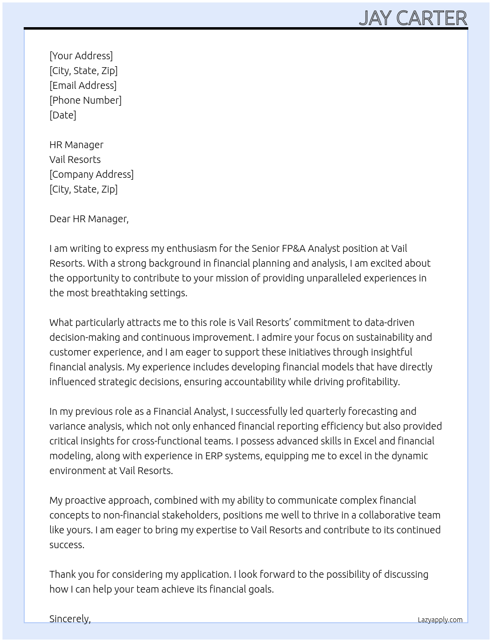 Senior FP&A Analyst At Vail Resorts Cover Letter