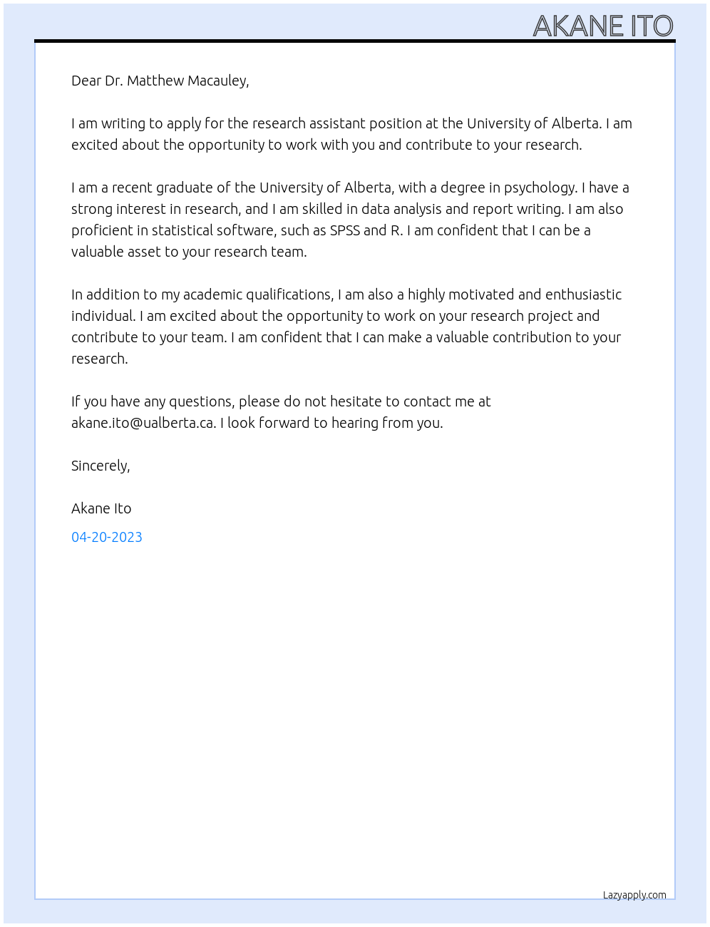 Research assistant At University of Alberta Cover Letter