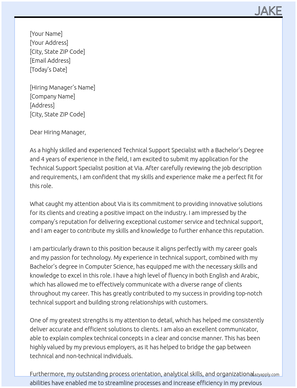 Technical Support Specialist At via Cover Letter