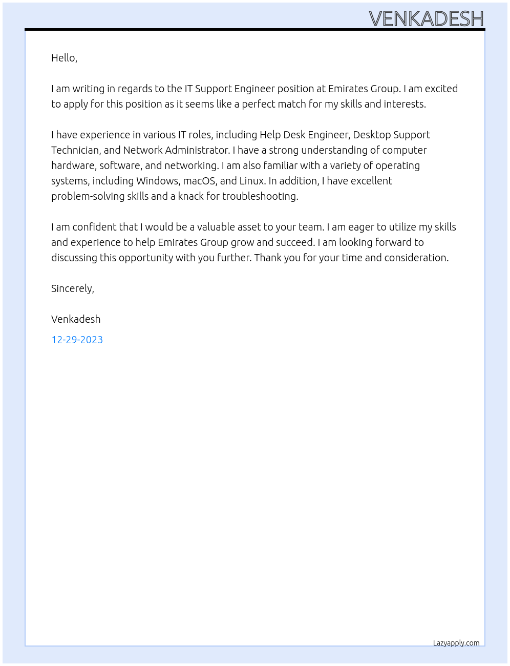 IT Support Engineer At Emirates Group Cover Letter