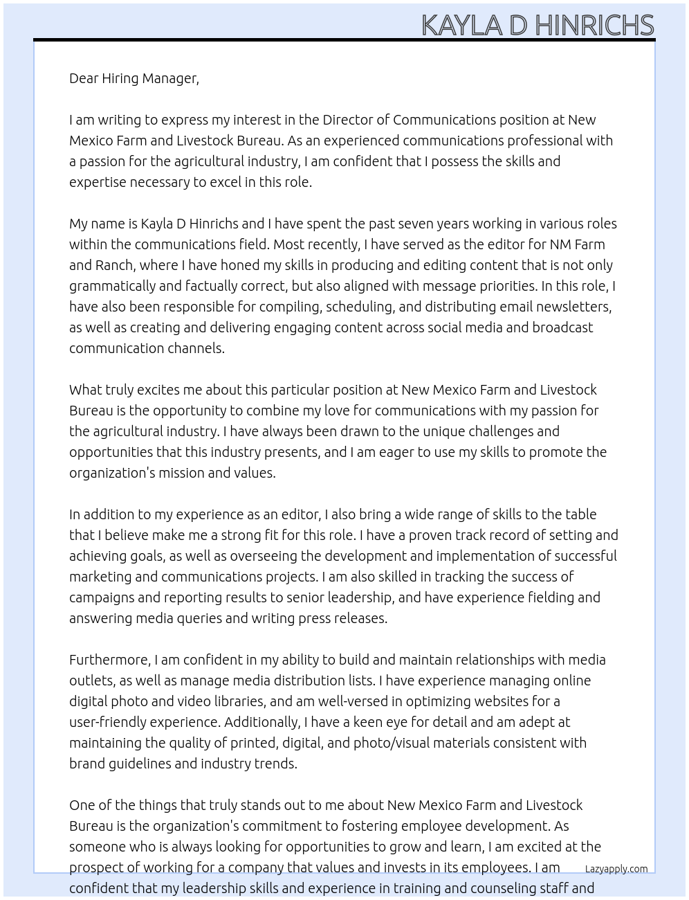 Director of Communications At New Mexico Farm and Livestock Bureau Cover Letter