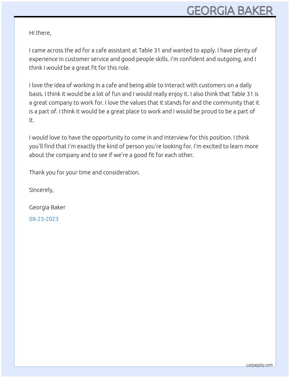 Cafe assistant  At Table 31  Cover Letter