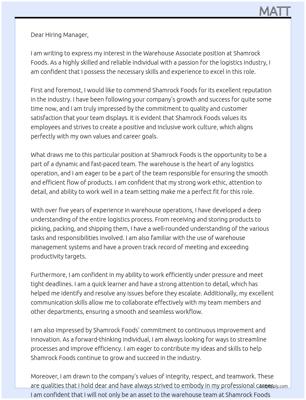 Warehouse Associate At Shamrock Foods Cover Letter