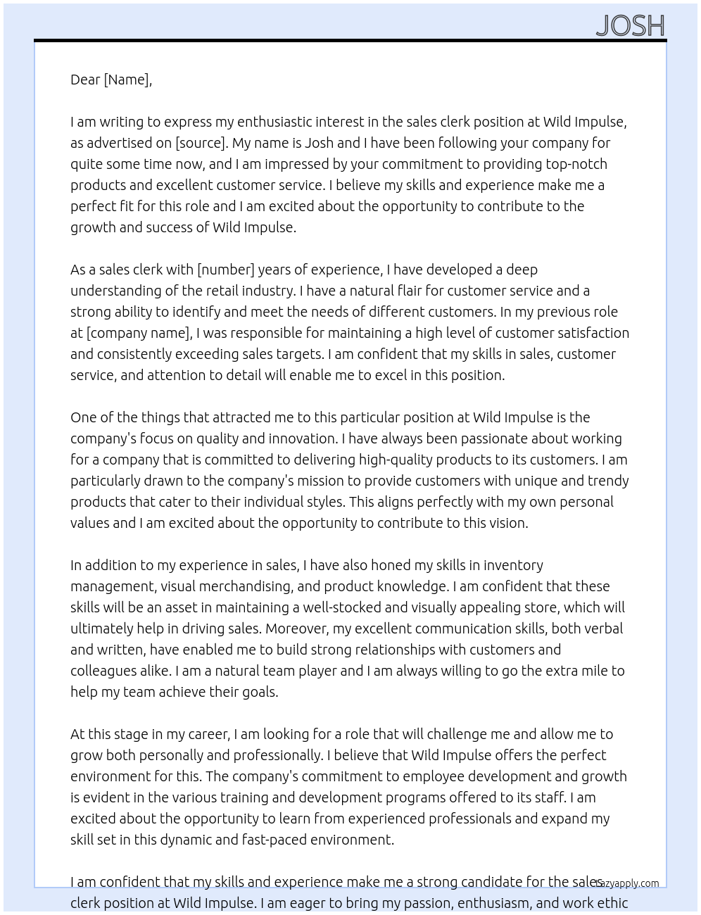 sales clerk At Wild Impulse Cover Letter