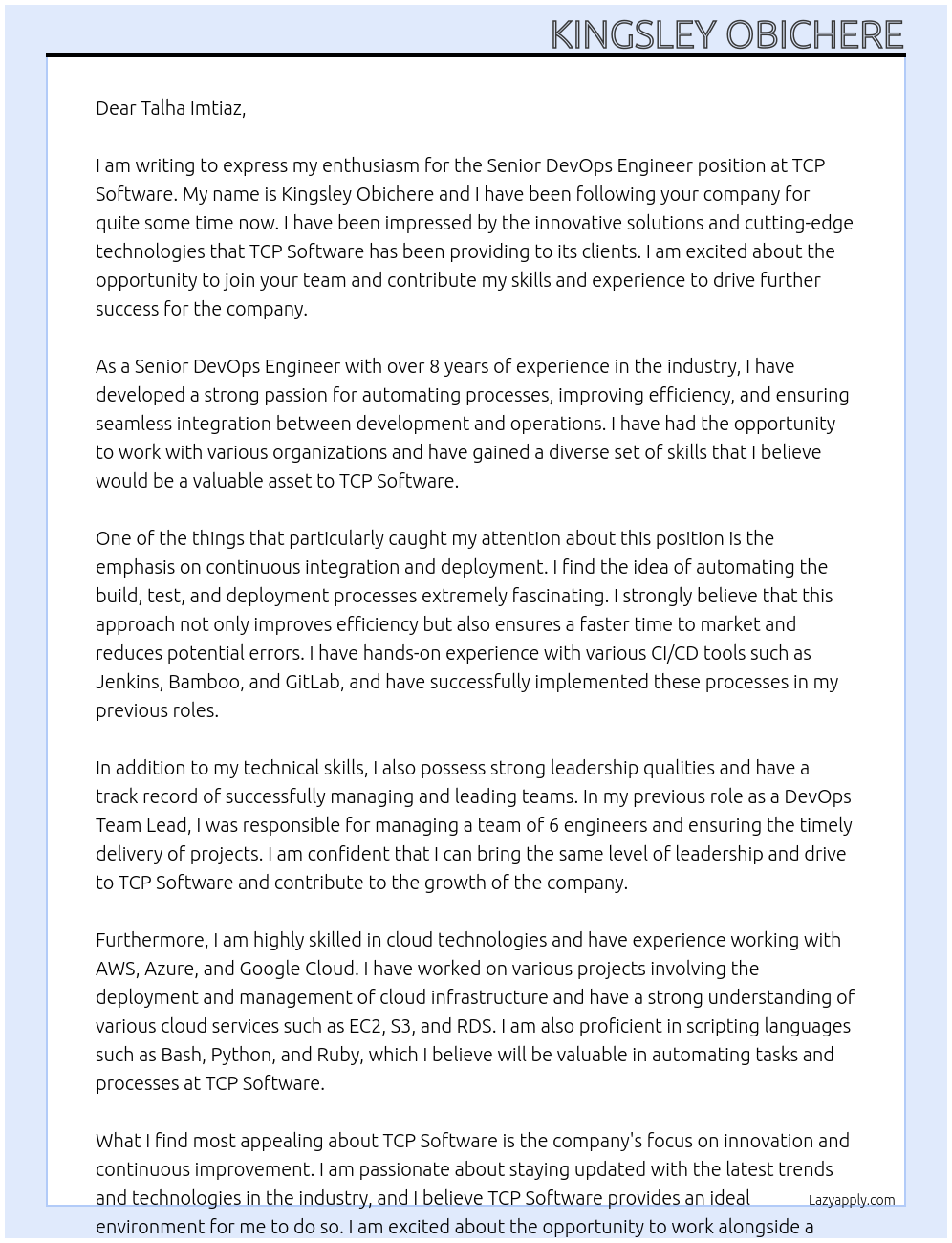 Senior DevOps Engineer At TCP Software Cover Letter