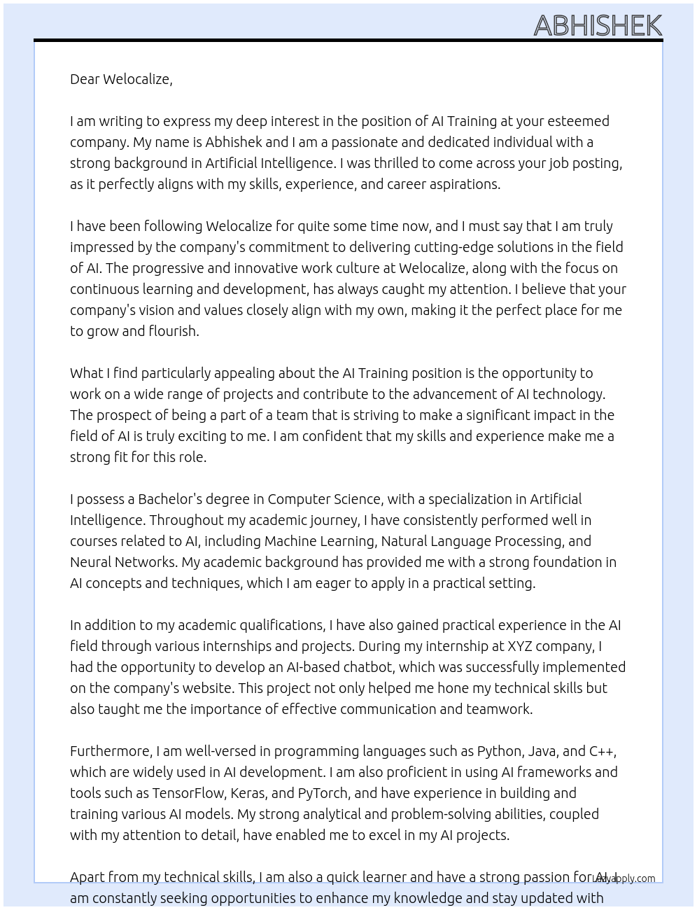 AI Training At Welocalize Cover Letter