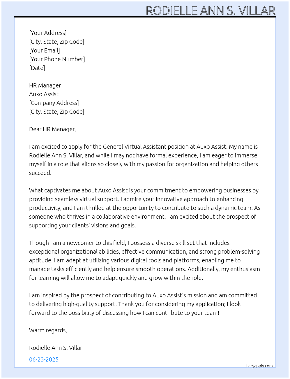 Cover letter for general virtual assistant  with no experience - LazyApply
