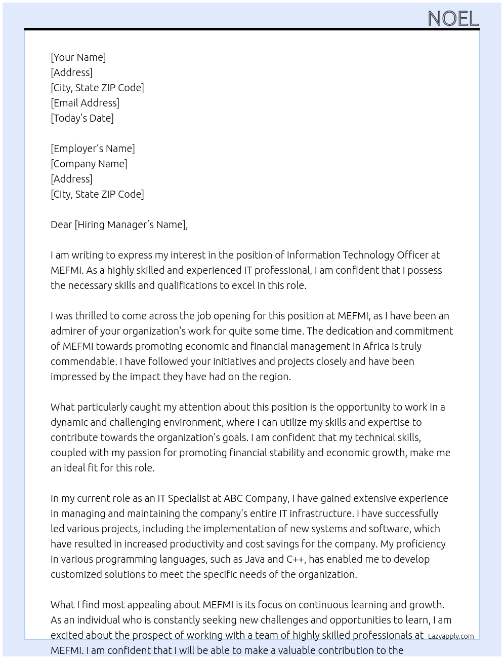 Information Technology Officer At MEFMI Cover Letter