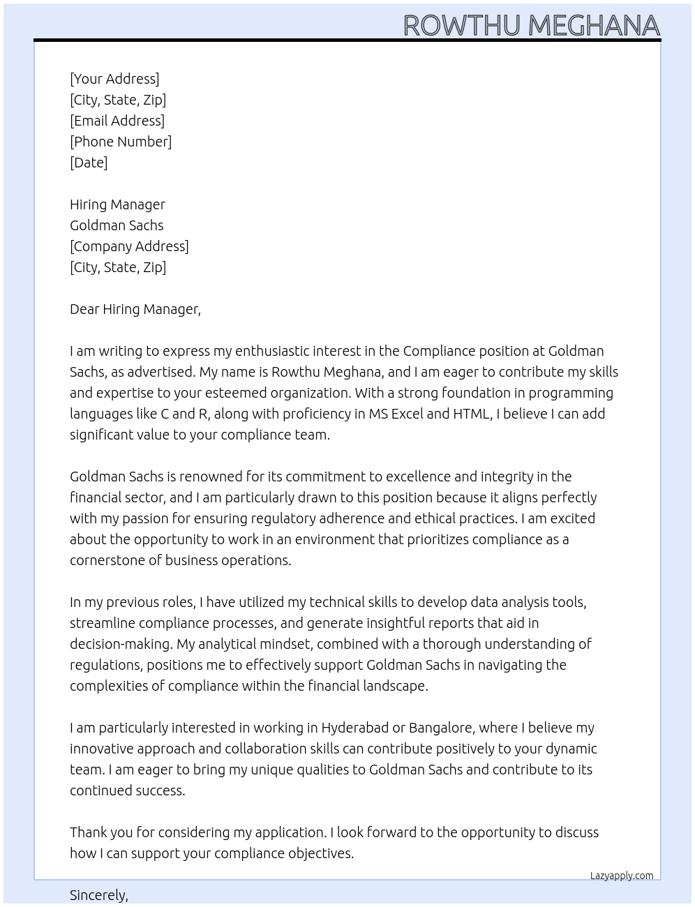 Compliance At Goldman Sachs Cover Letter