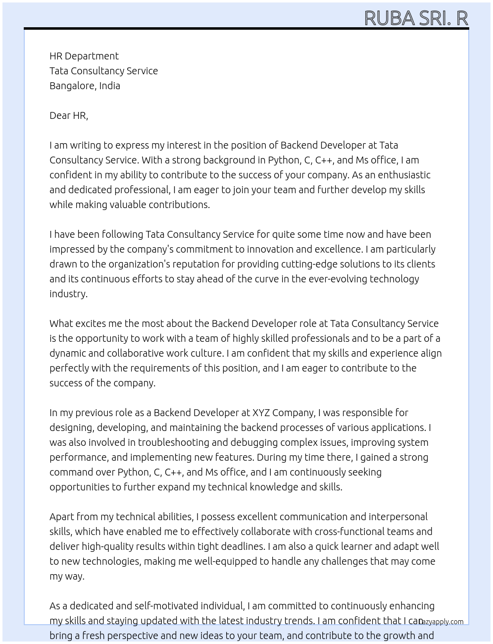 Backend developer At Tata Consultancy Service Cover Letter