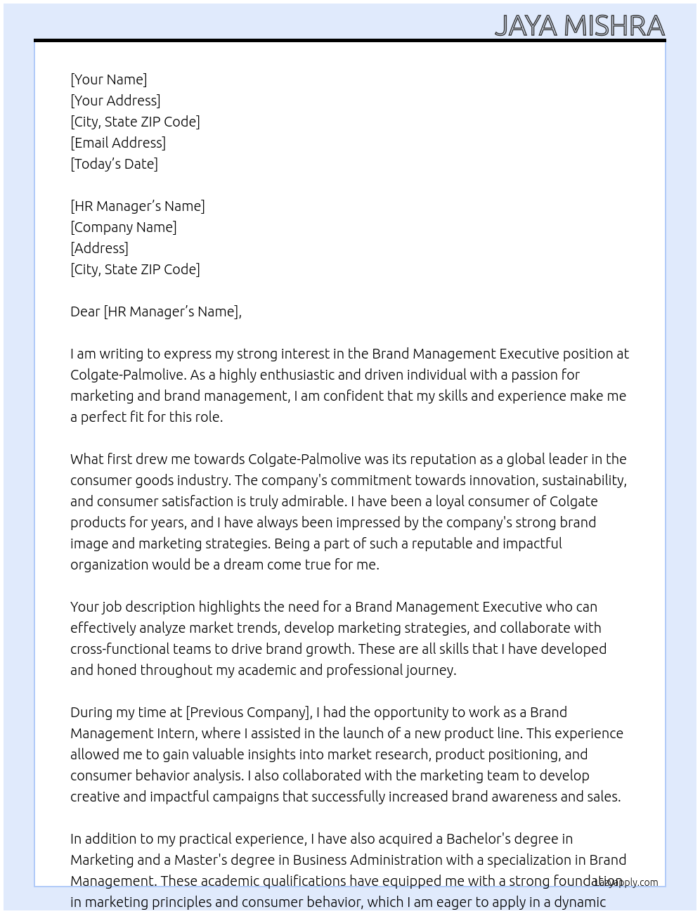 Brand Management Executive At Colgate-Palmolive Cover Letter