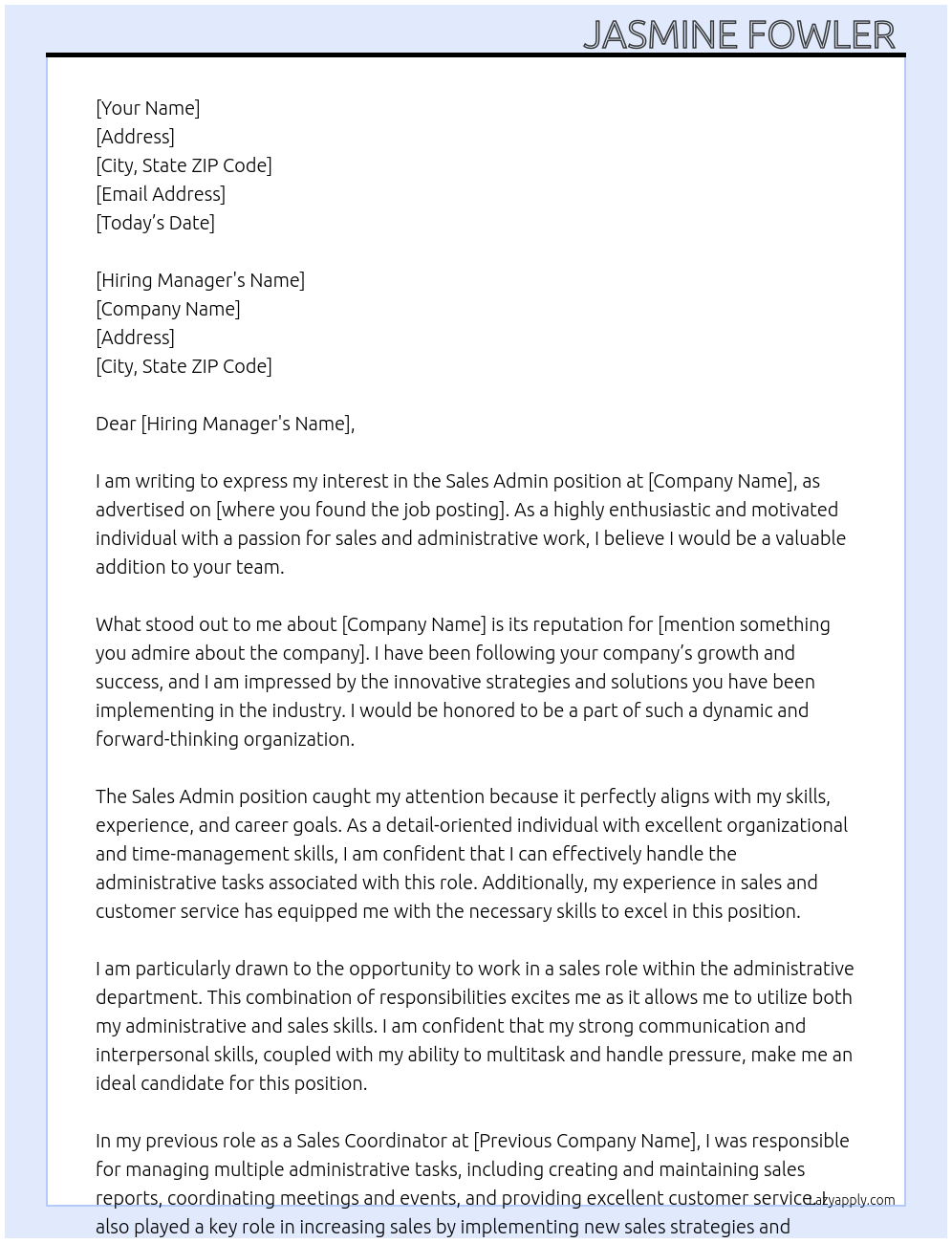 Sales Admin  At company  Cover Letter