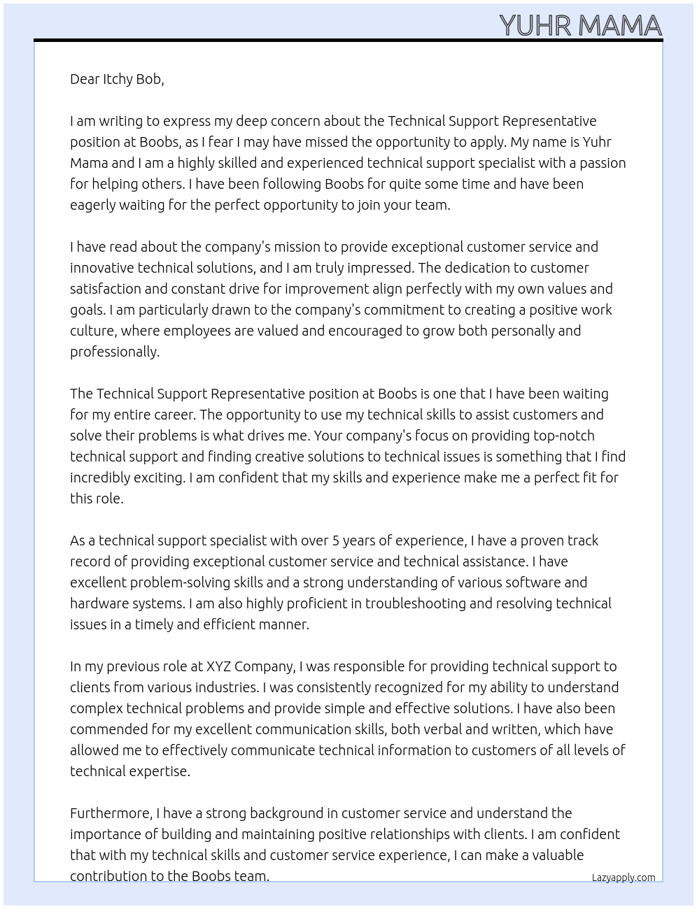 Technical Support Representative At Boobs Cover Letter