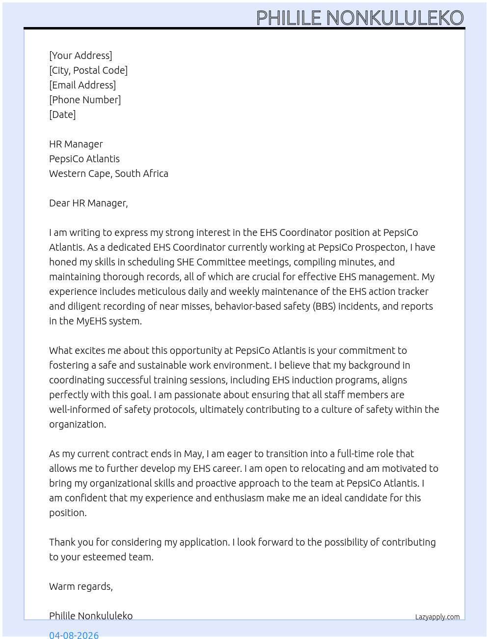 Cover letter for pepisco atlantis, western cape, south africa - LazyApply