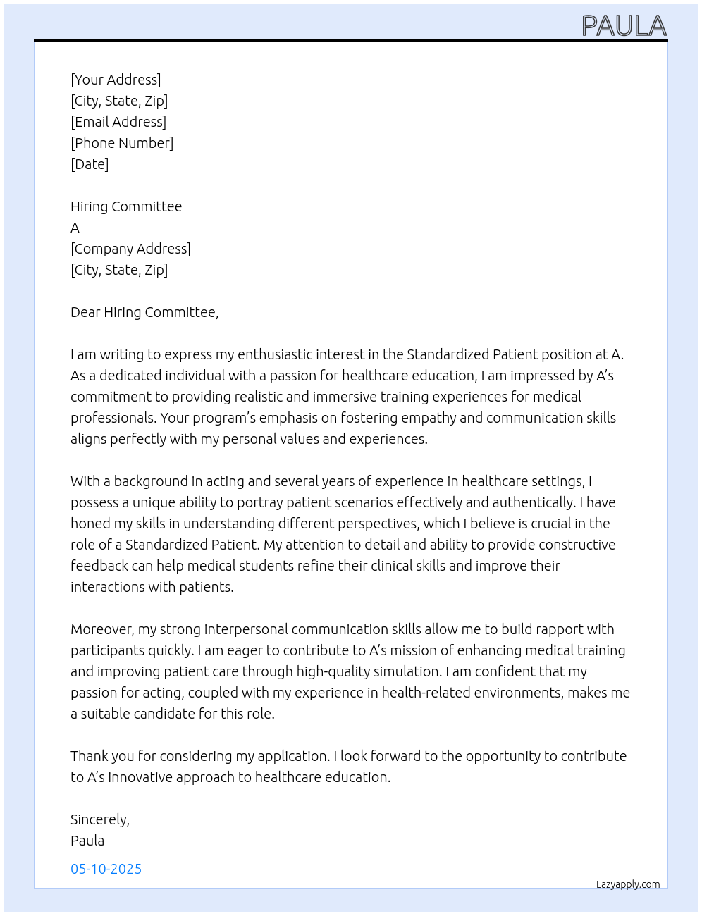 Standardized Patient At A Cover Letter