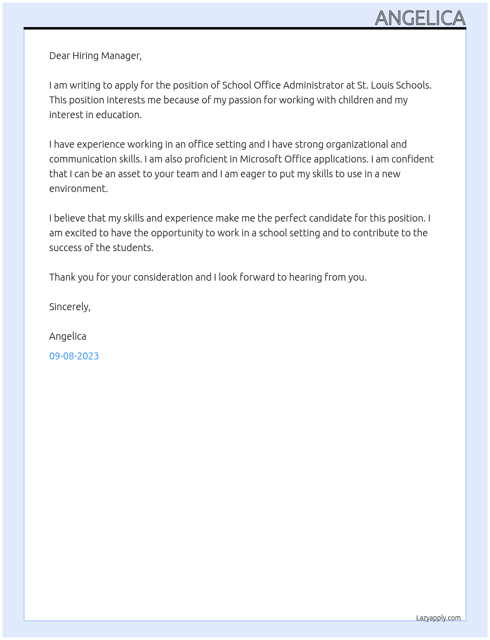School Office Administrator  At St. Louis Schools Cover Letter