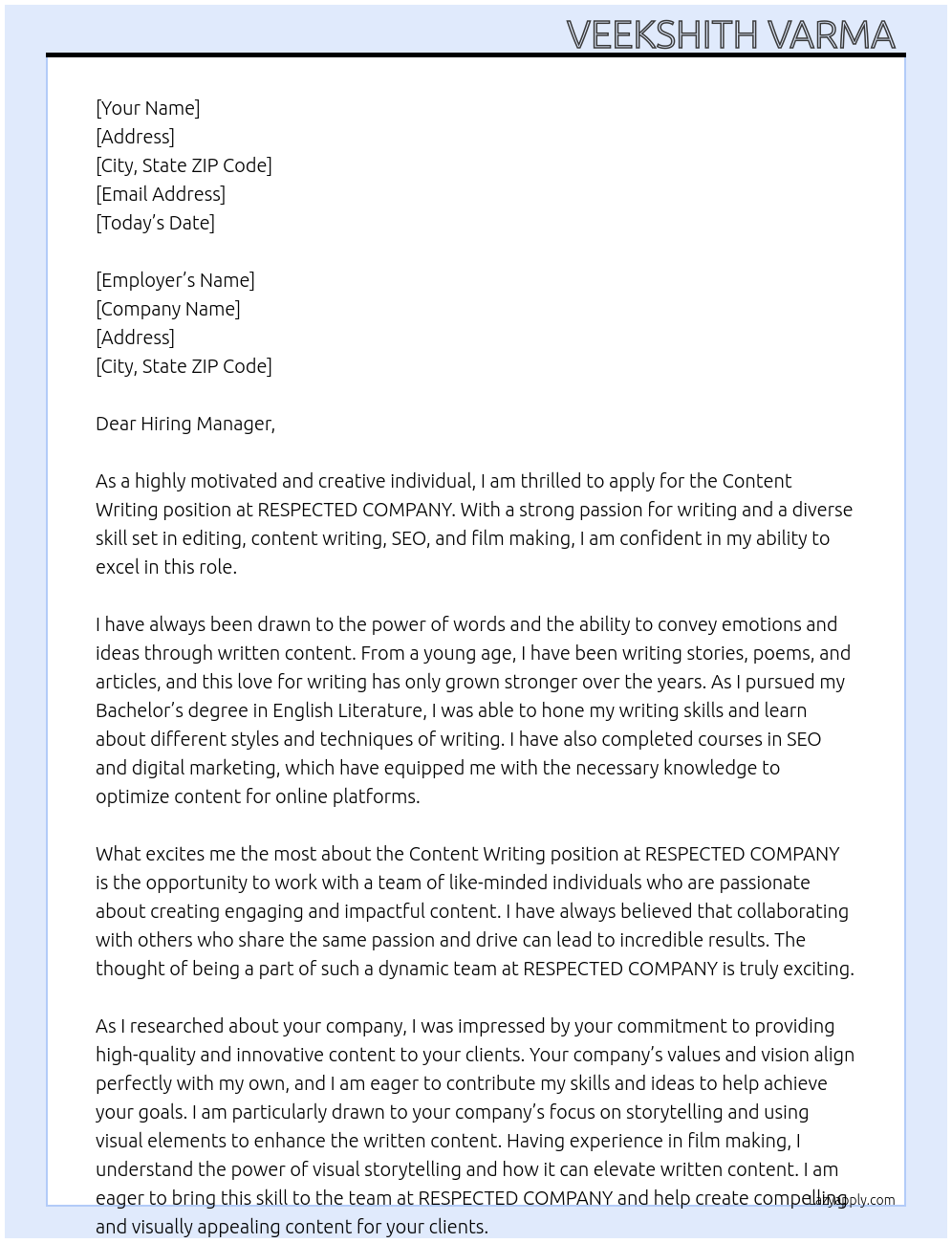 Content writing At RESPECTED COMPANY Cover Letter